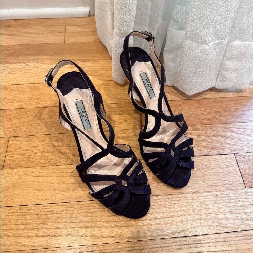 Prada‎  Navy Blue Suede Strappy Cut out Heel Sandal Size 37